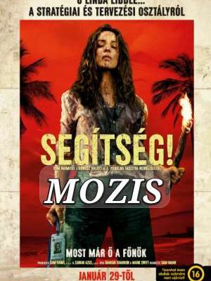 A Segítség! filmplakátja: egy elgyötört, piszkos arcú nő (Linda Liddle) áll a középpontban, egyik kezében égő fáklyát, a másikban egy azonosító kártyát tart vörös háttér és pálmafák előtt.