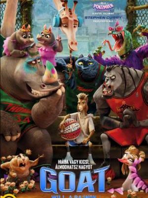 Animációs filmplakát: Will, a kis kecske kosárlabdával a kezében ül a kispadon, körülötte hatalmas sportoló állatok – víziló, orrszarvú, zsiráf és gorilla – láthatóak színes mezben.