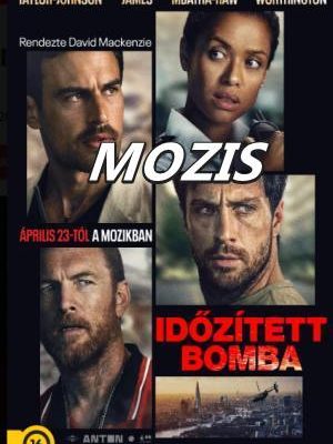 Az Időzített bomba (Fuze) filmplakátja: Aaron Taylor-Johnson, Theo James, Gugu Mbatha-Raw és Sam Worthington portréi négy különálló blokkban, alattuk London panorámája egy helikopterrel.